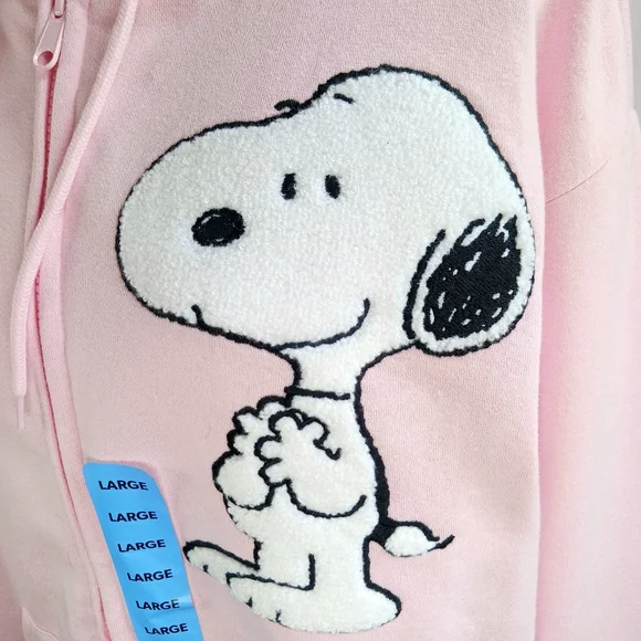 PEANUTS Snoopy Full Zip Hoodie Woodstock Embroidered Sweatshirt Pink Size L NEW - Picture 3 of 16